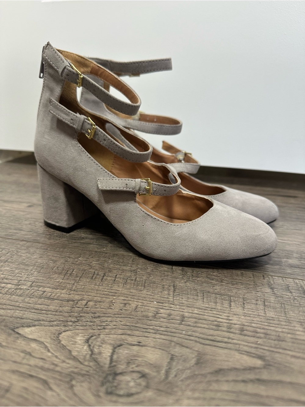 Classic Suede Triple-Strap Block Heel Pumps in Soft Gray